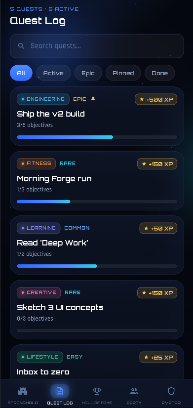 Quest log with rarity tiers, objectives and rewards.
