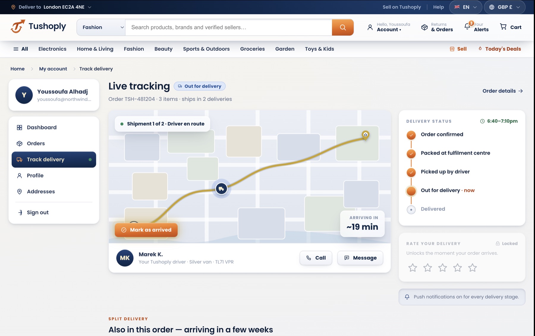 Live order tracking with real-time delivery ETAs and split-shipment status.